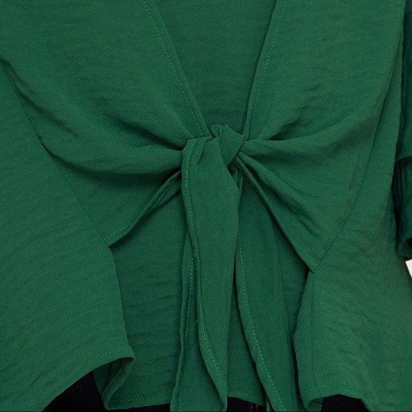 NEW! Hunter Green Ruffle Bell Sleeve Tie Front Top - Picture 3 of 7
